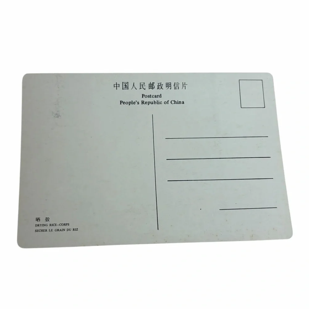 Vintage Rural Rice Harvest Scene Photo Card | Asian Village Grain Drying